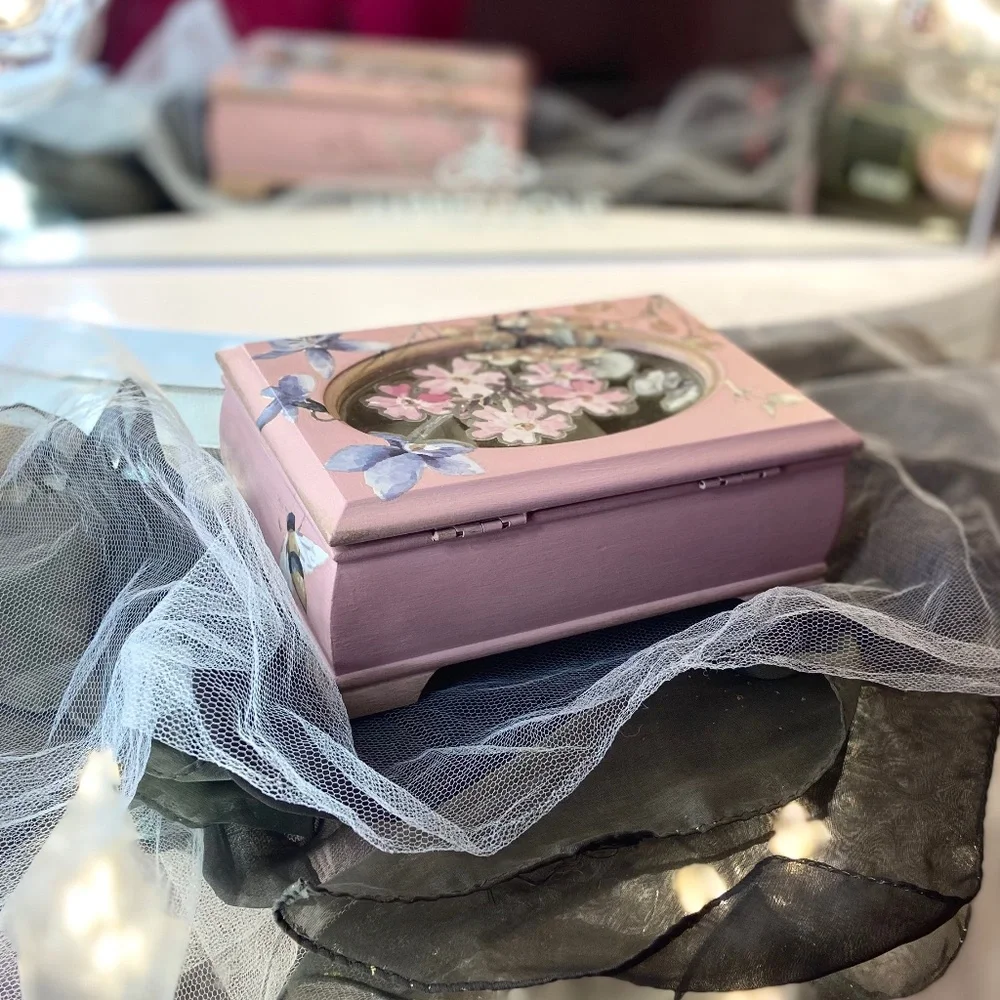 Pink Handmade Floral Painted Jewelry Box Wooden Flower Organizer Velour Interior - Picture 3 of 6